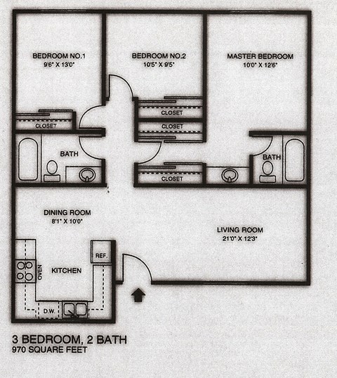 Floor plan for 3 beds, 2 baths, 970 sqft